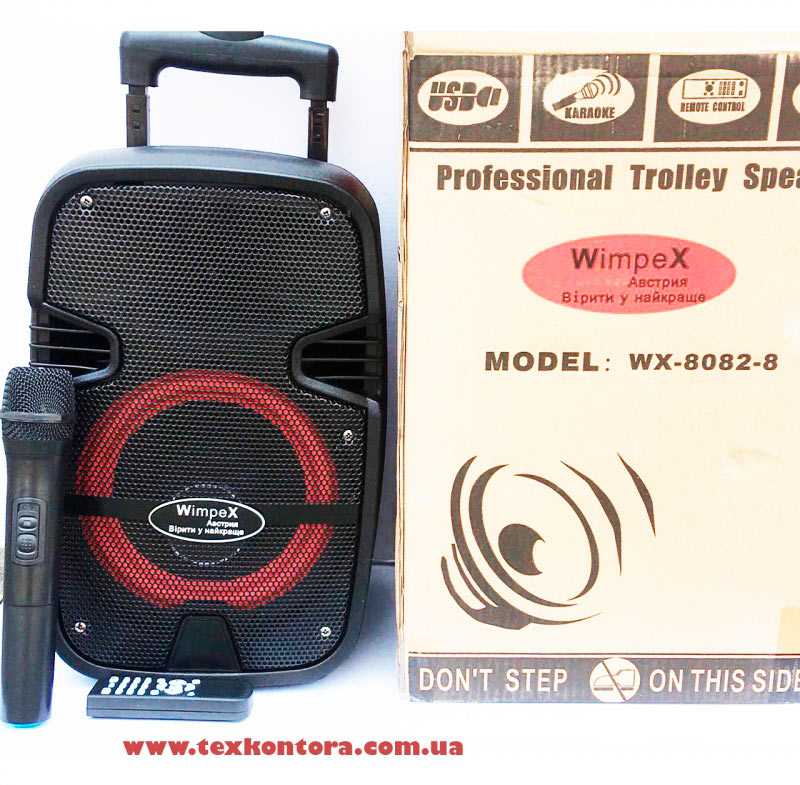 Wimpex Аккумуляторная автономная колонка + радиомикрофон 8082-8