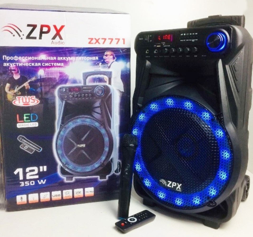ZPX Audio Аккумуляторная акустическая система ZX7771 НЧ12 дюйм, USB, SD, FM радио, Bluetooth, радиомикрофон, ДУ