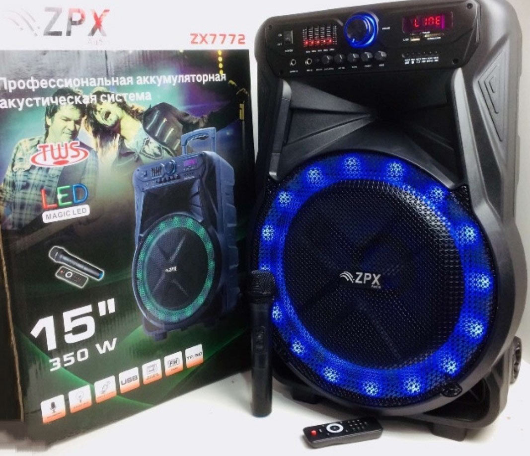 DJACK Аккумуляторная акустическая система ZX7772 НЧ15 дюйм, USB, SD, FM радио, Bluetooth, радиомикрофон, ДУ