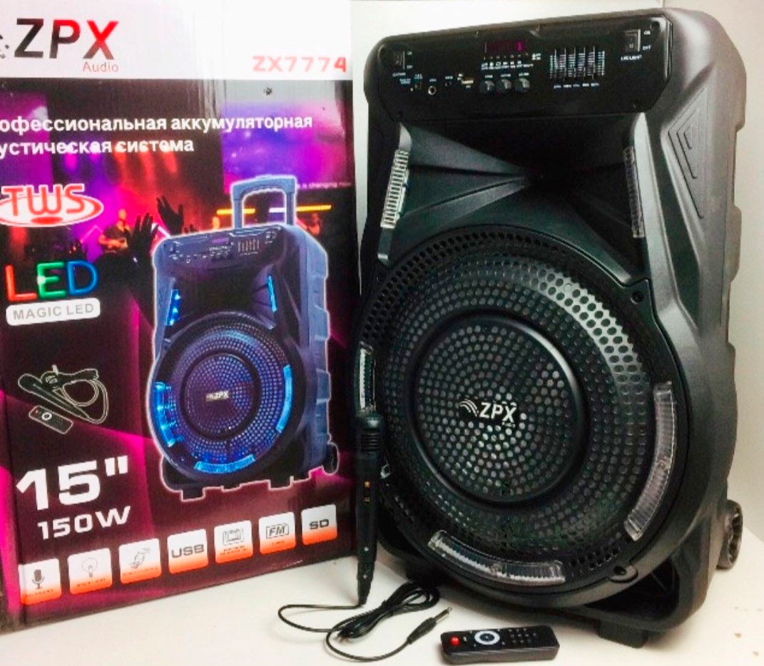 ZPX Audio Аккумуляторная акустическая система ZX7774 НЧ15 дюйм, USB, SD, FM радио, Bluetooth, микрофон, ДУ