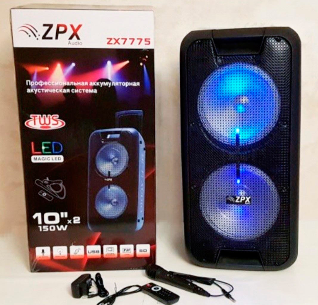 ZPX Audio Аккумуляторная акустическая система ZX7775 НЧ2x10 дюйм, USB, SD, FM радио, Bluetooth, микрофон, ДУ